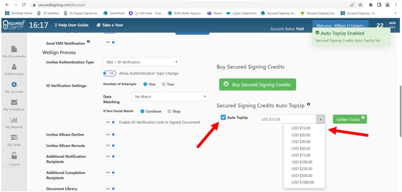 Enable auto top with Secured Signing